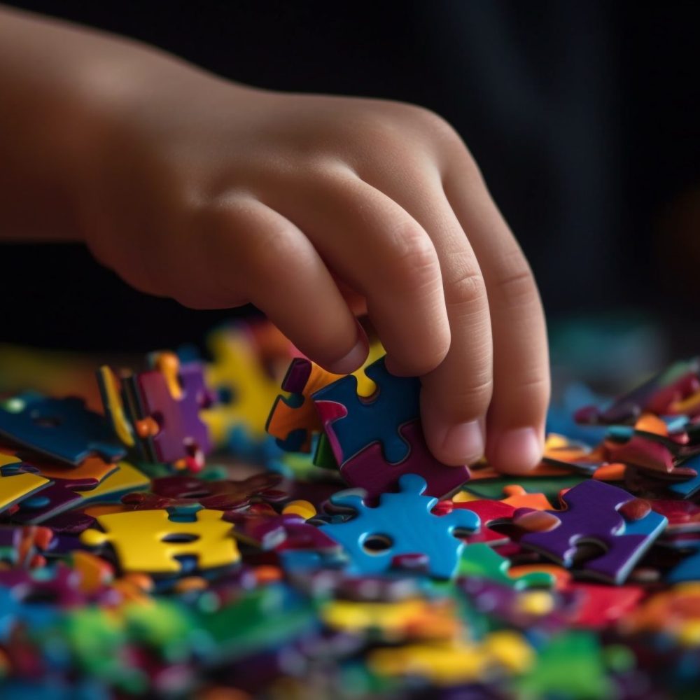 Colorful puzzle piece completes childhood fun generated by artificial intelligence